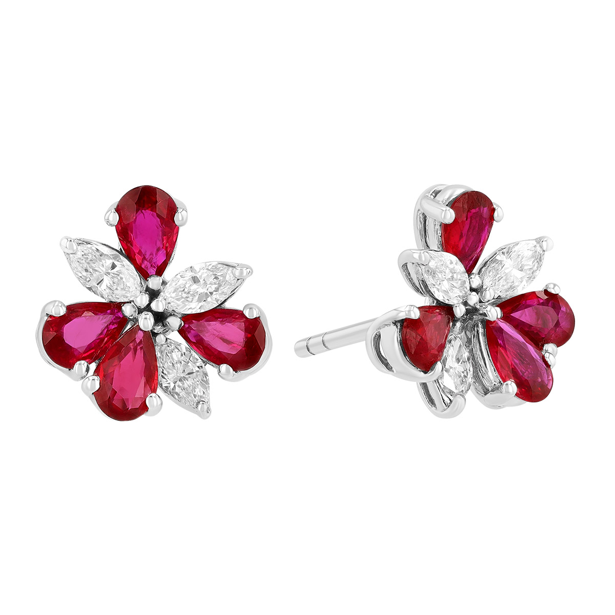 Pear Shape Ruby & Marquise Diamond Floral Stud Earrings in White Gold