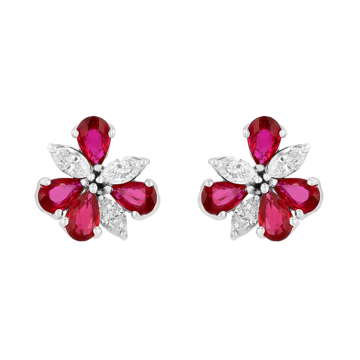 Pear Shape Ruby & Marquise Diamond Floral Stud Earrings in White Gold