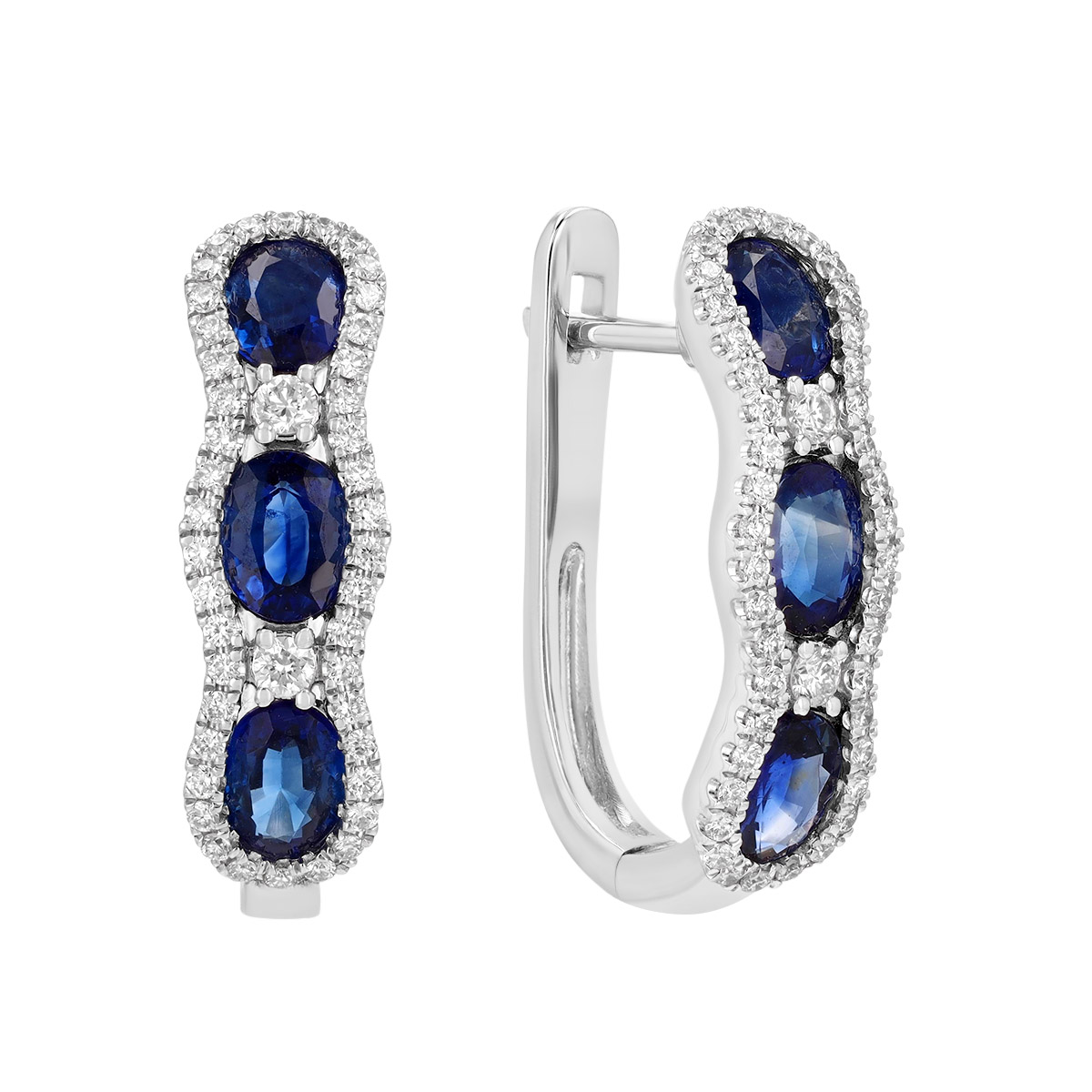 Oval Sapphire Trio & Diamond Hoop Earrings in White Gold