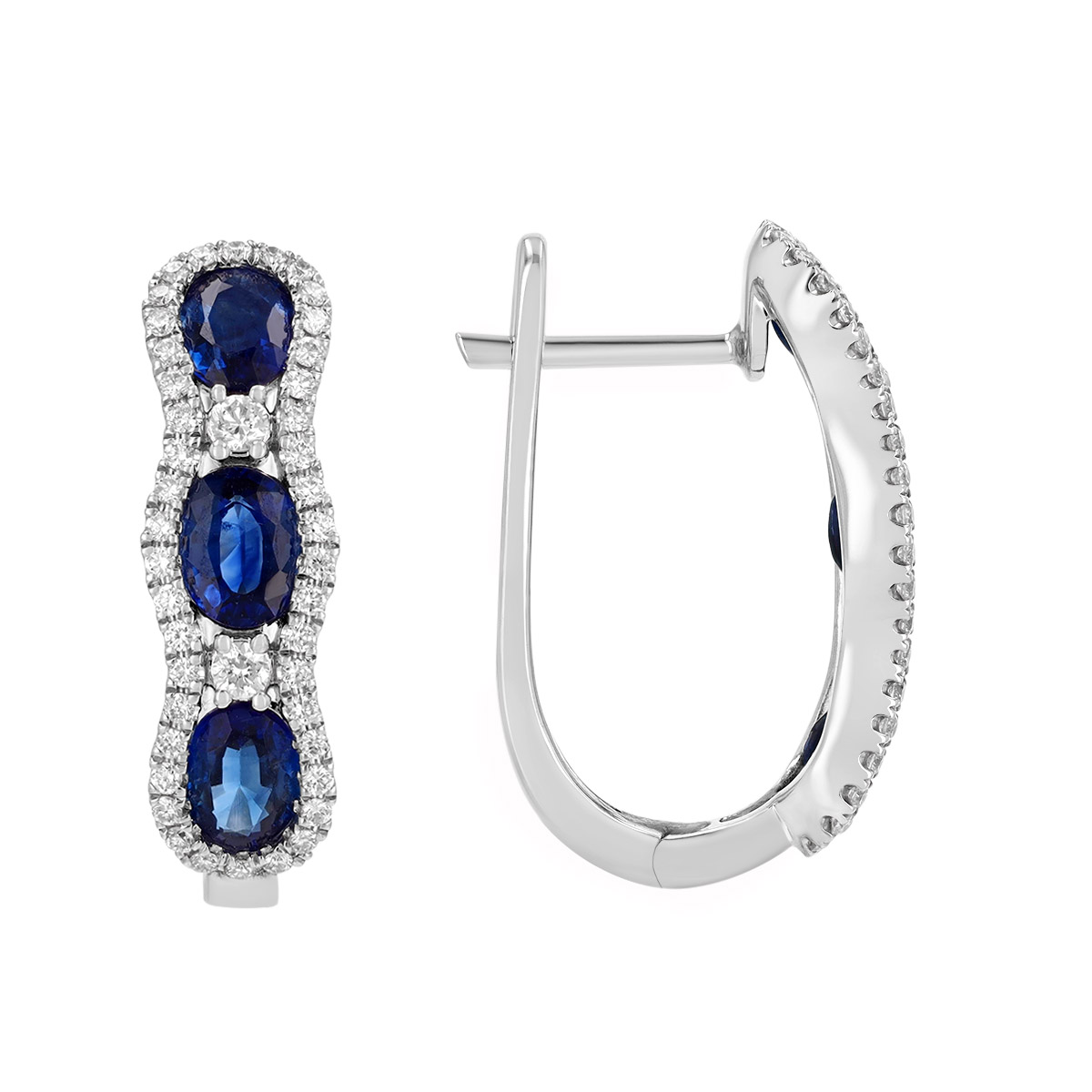 Oval Sapphire Trio & Diamond Hoop Earrings in White Gold