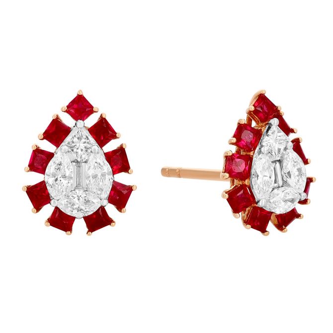 Princess Cut Ruby & Mixed Shape Diamond Cluster Stud Earrings in Rose Gold