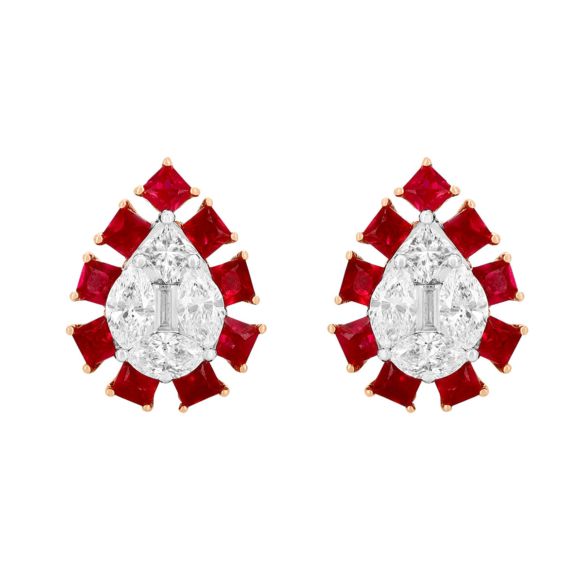 Princess Cut Ruby & Mixed Shape Diamond Cluster Stud Earrings in Rose Gold