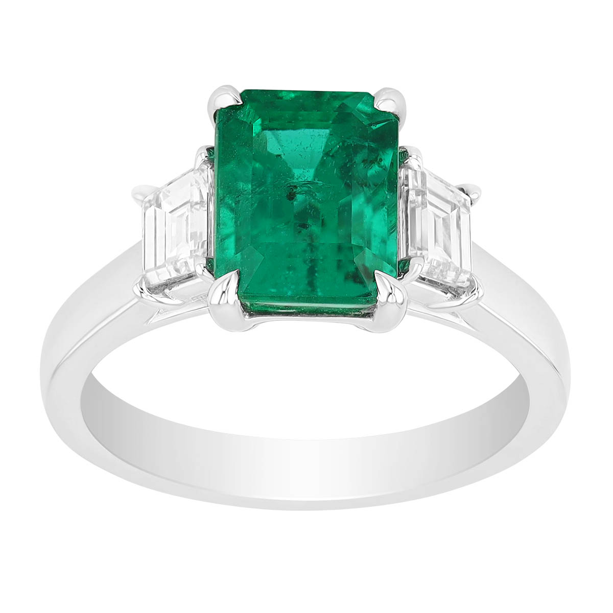 Emerald Cut Emerald & Trapezoid Diamond 3 Stone Ring in White Gold