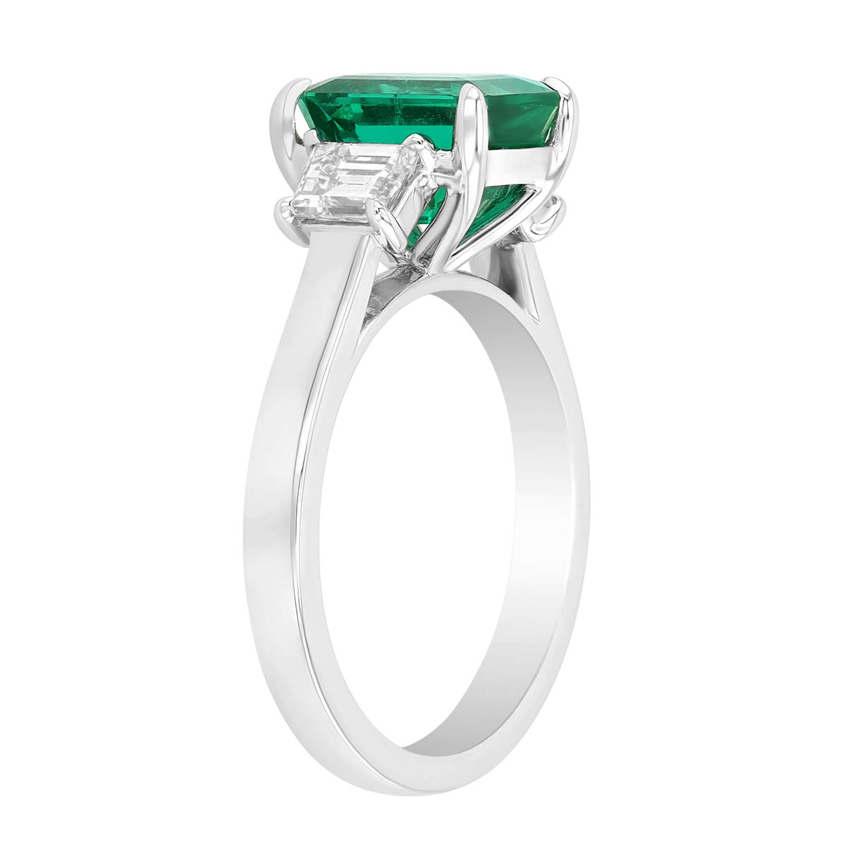 Emerald Cut Emerald & Trapezoid Diamond 3 Stone Ring in White Gold