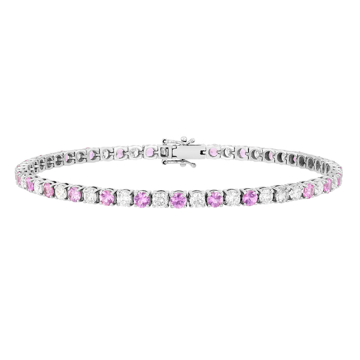 Round Pink Sapphire & Diamond Tennis Bracelet in White Gold, 7.5