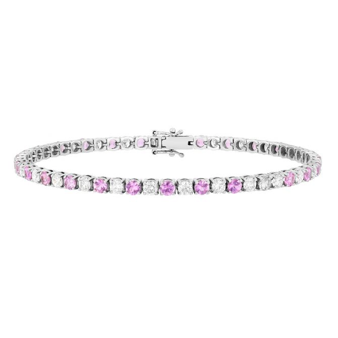 Round Pink Sapphire & Diamond Tennis Bracelet in White Gold, 7.5"