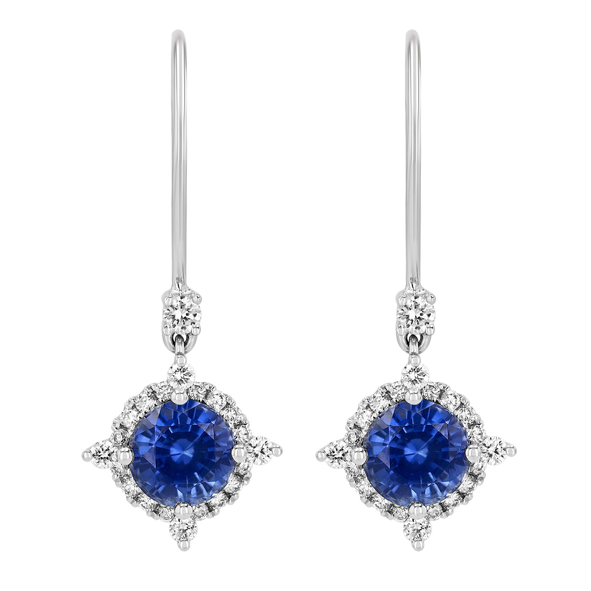 Round Sapphire & Diamond Halo Dangle Earrings in White Gold