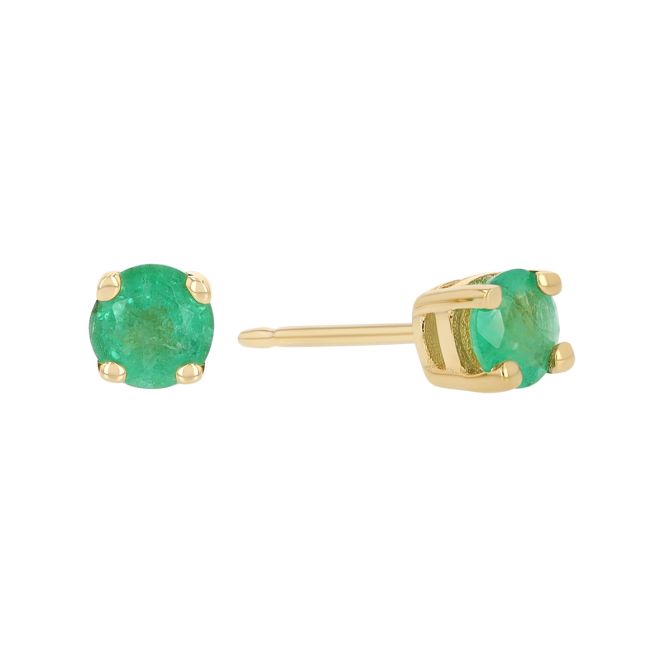 Dainty Round Emerald Stud Earrings in Yellow Gold