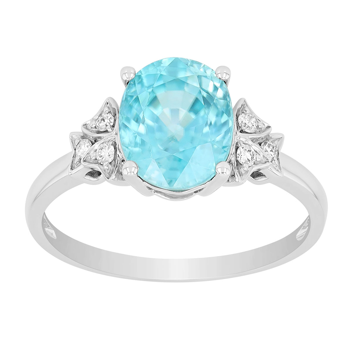 Oval Blue Zircon & Diamond Side Stone Ring in White Gold