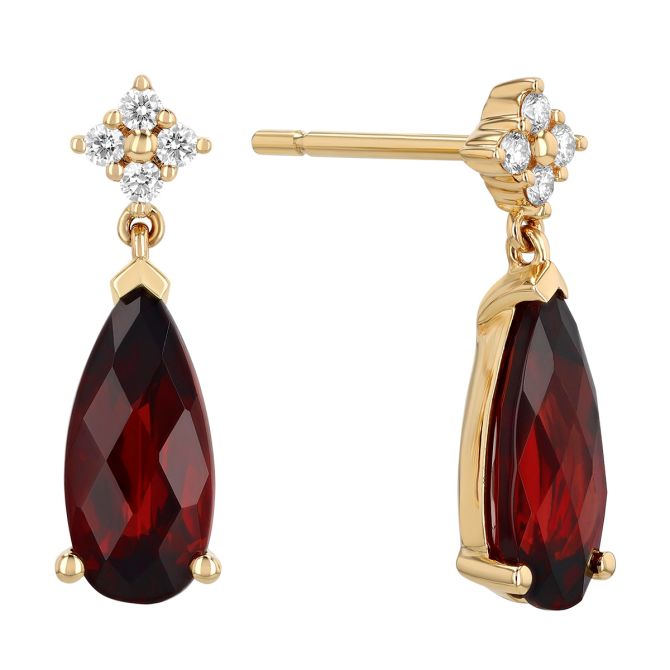 Pear Shape Garnet & Diamond Cluster Dangle Earrings in Yellow Gold