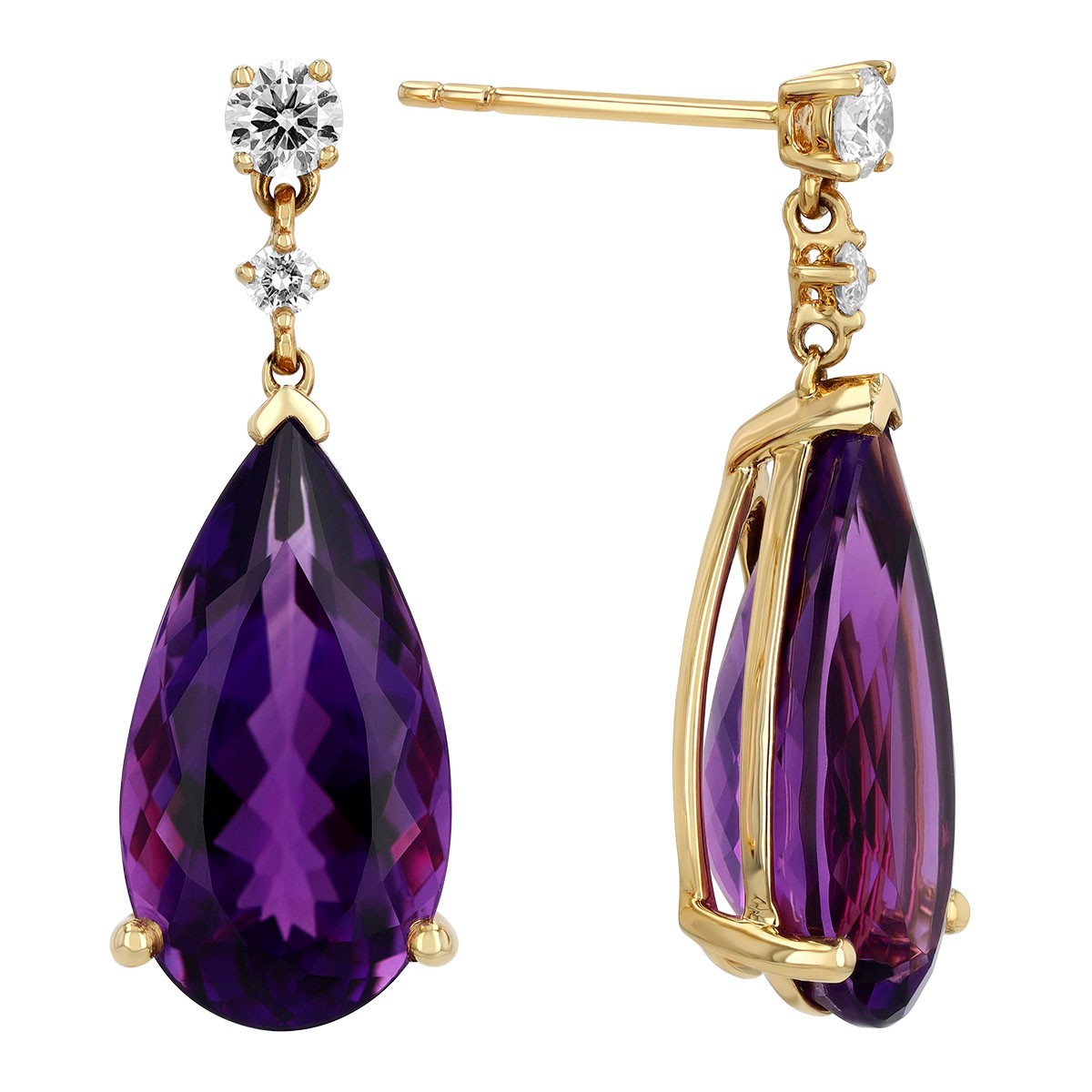 Pear Shape Amethyst & Diamond Dangle Earrings in Yellow Gold