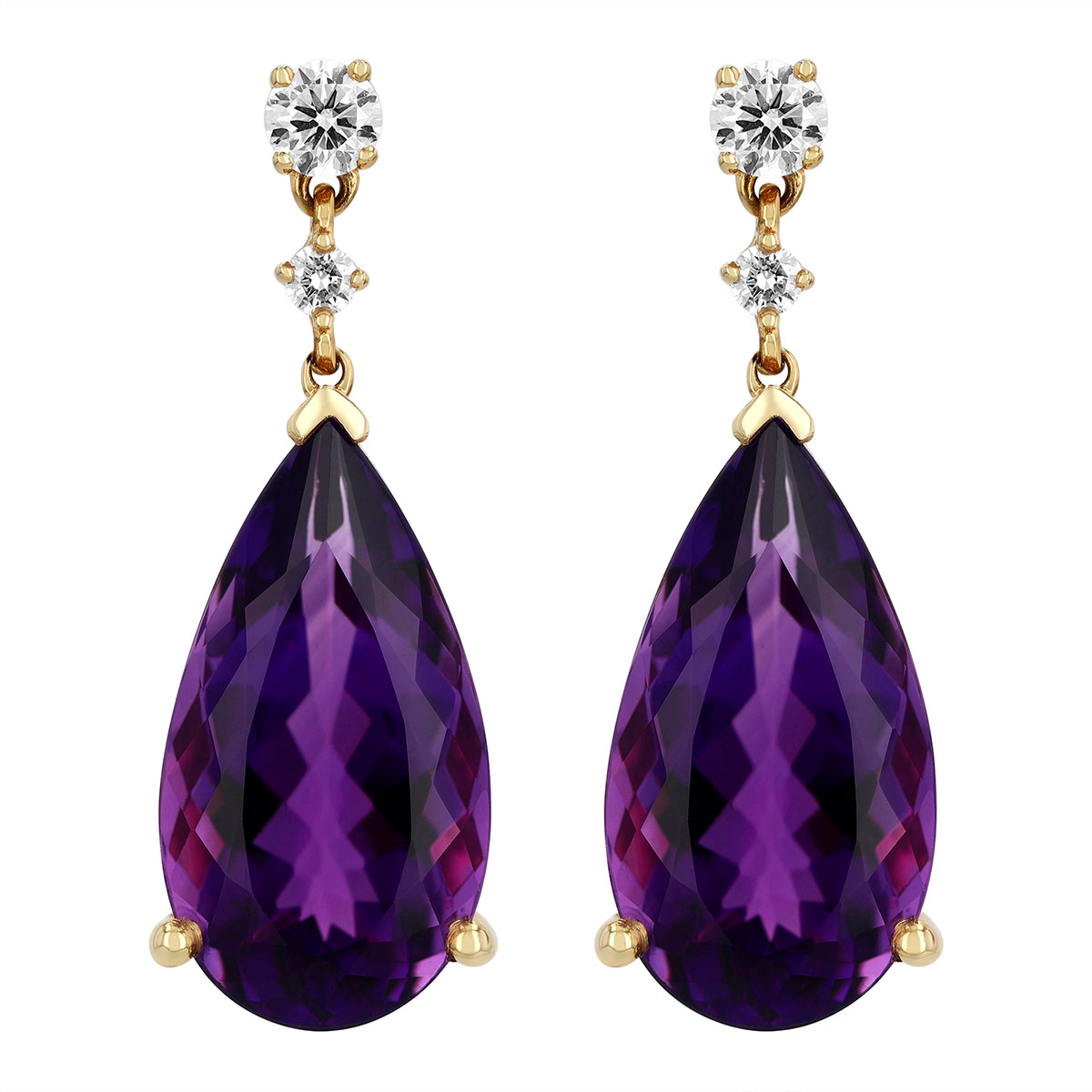 Pear Shape Amethyst & Diamond Dangle Earrings in Yellow Gold
