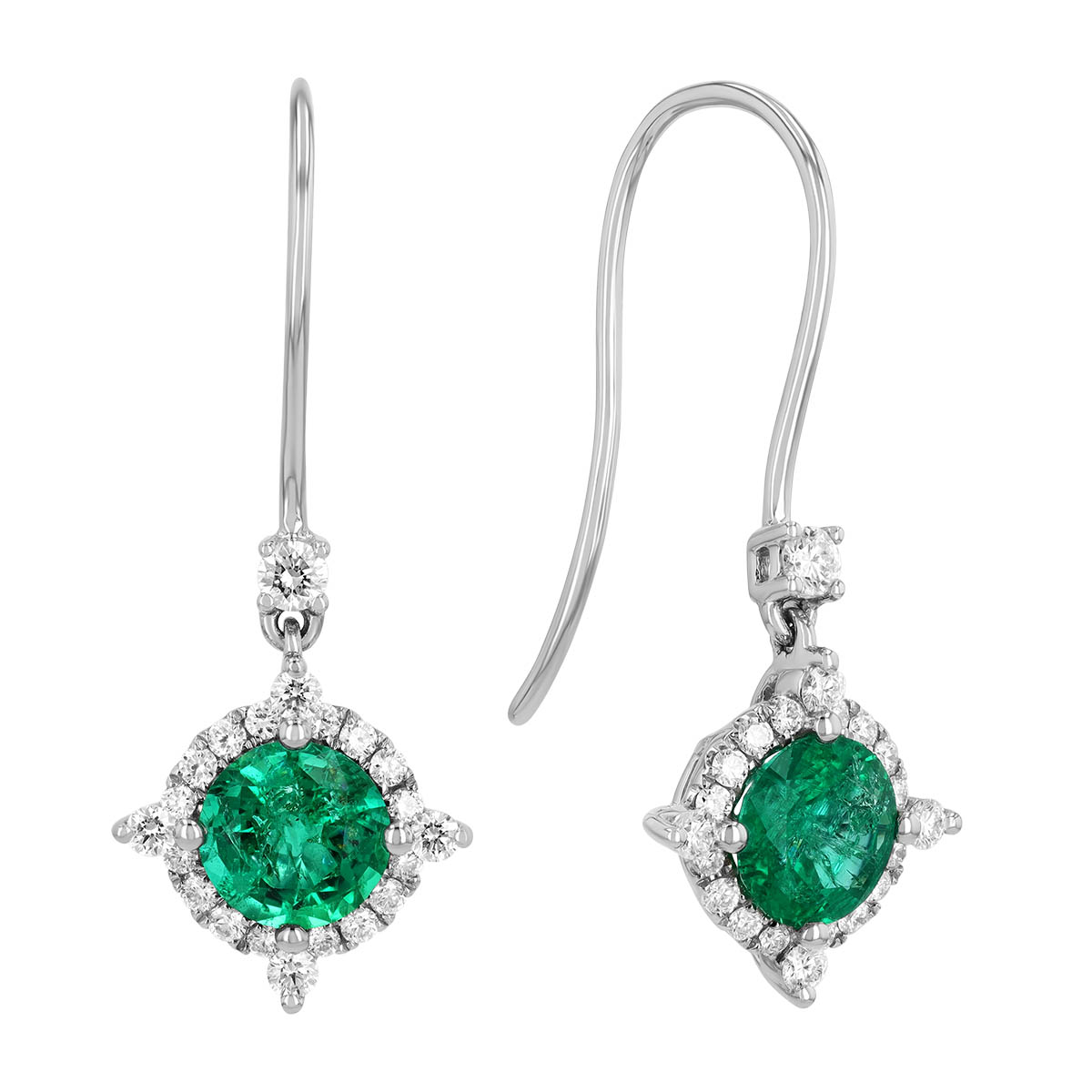 Round Emerald & Diamond Halo Dangle Earrings in White Gold