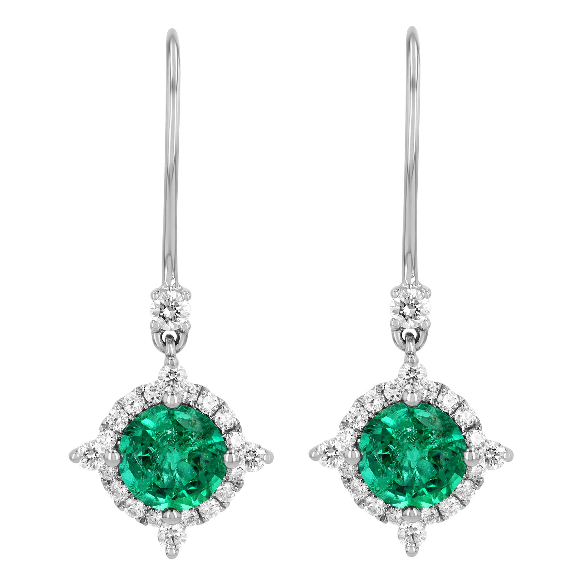 Round Emerald & Diamond Halo Dangle Earrings in White Gold