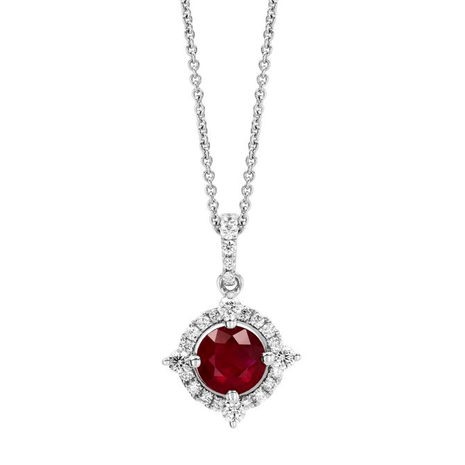 Round Ruby & Diamond Halo Pendant in White Gold, 18"