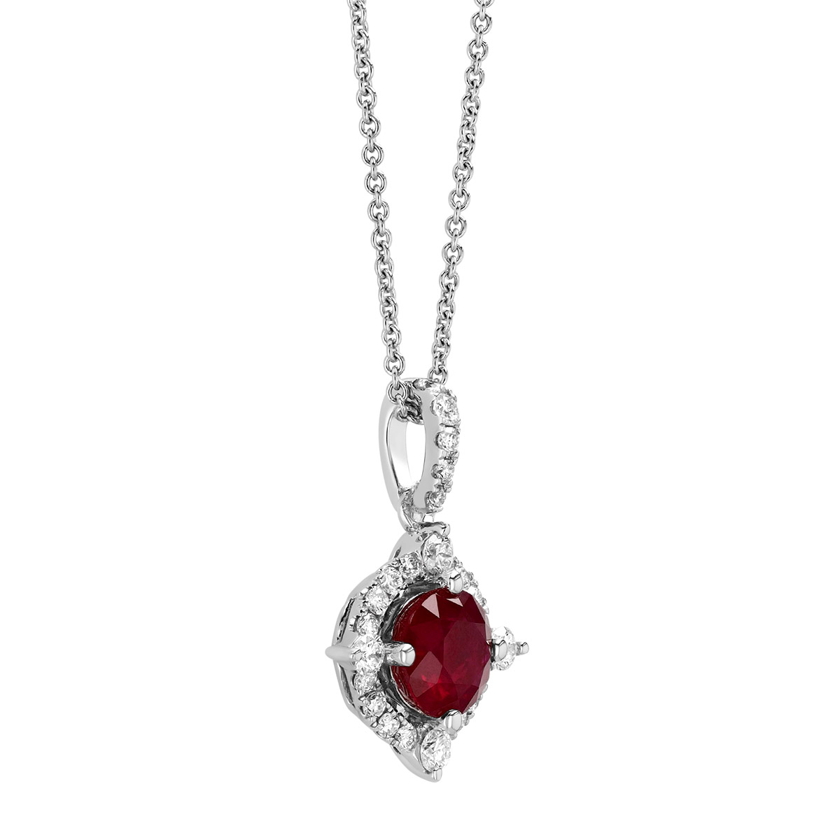 Round Ruby & Diamond Halo Pendant in White Gold, 18