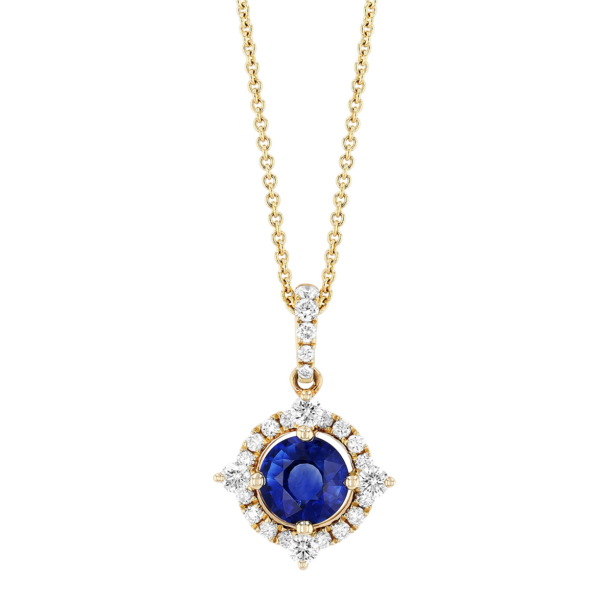 Round Sapphire & Diamond Halo Pendant in Yellow Gold, 18
