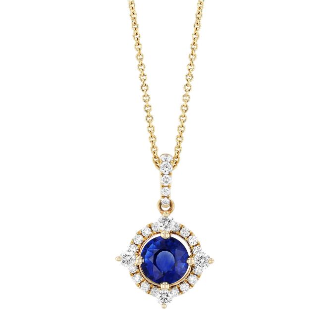 Round Sapphire & Diamond Halo Pendant in Yellow Gold, 18"