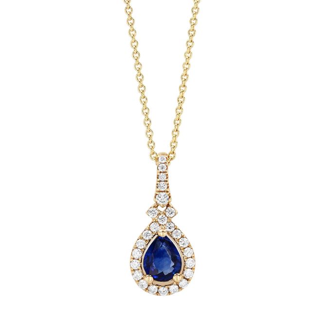 Pear Shape Sapphire & Diamond Halo Pendant in Yellow Gold, 18"