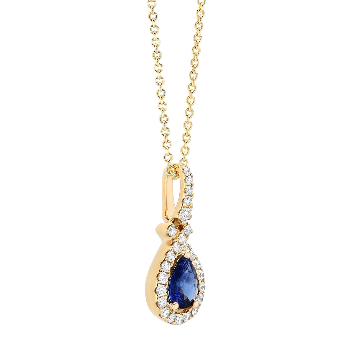 Pear Shape Sapphire & Diamond Halo Pendant in Yellow Gold, 18