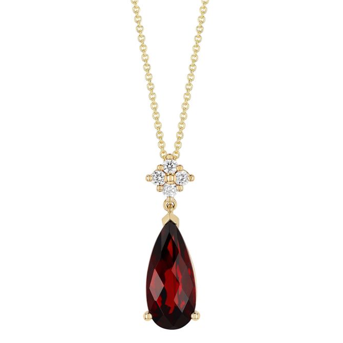 Pear Shape Garnet & Diamond Cluster Pendant in Yellow Gold, 18"