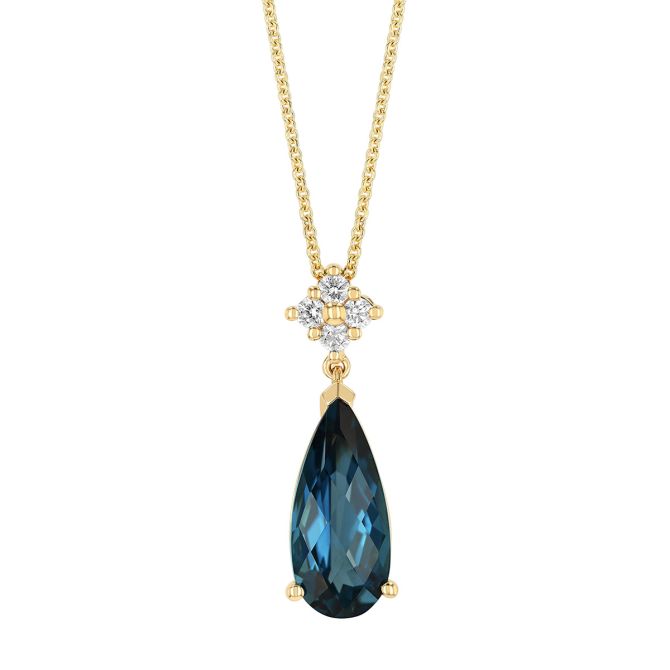 Pear Shape Topaz & Diamond Cluster Pendant in Yellow Gold, 18"
