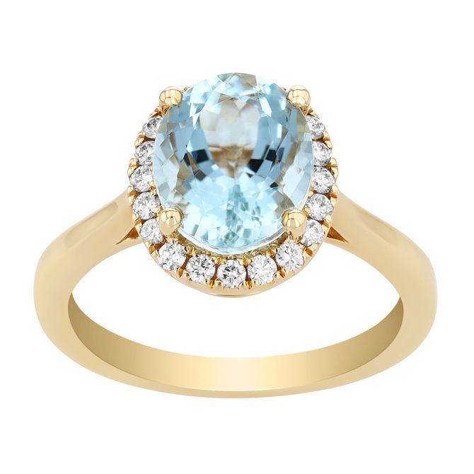 Oval Aquamarine & Diamond Halo Ring in Yellow Gold
