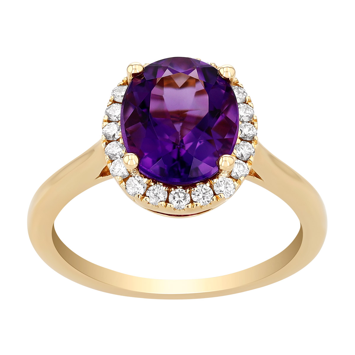 Oval Amethyst & Diamond Halo Ring in Yellow Gold