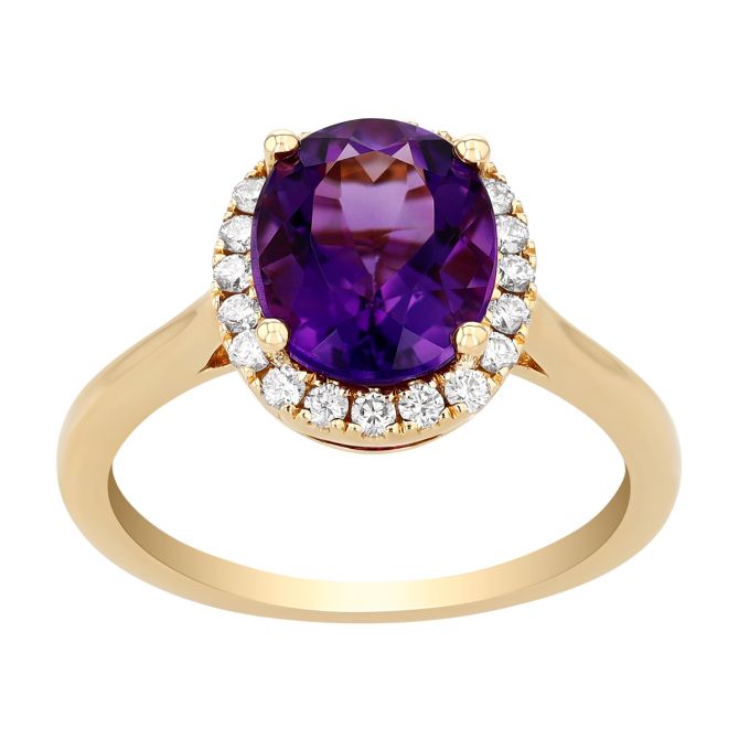 Oval Amethyst & Diamond Halo Ring in Yellow Gold