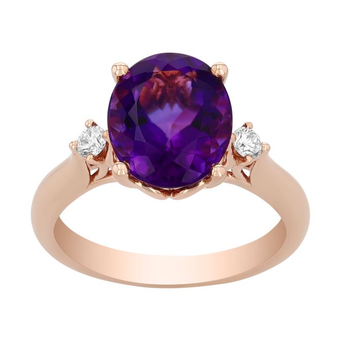 Oval Amethyst & Diamond Side Stone Ring in Rose Gold