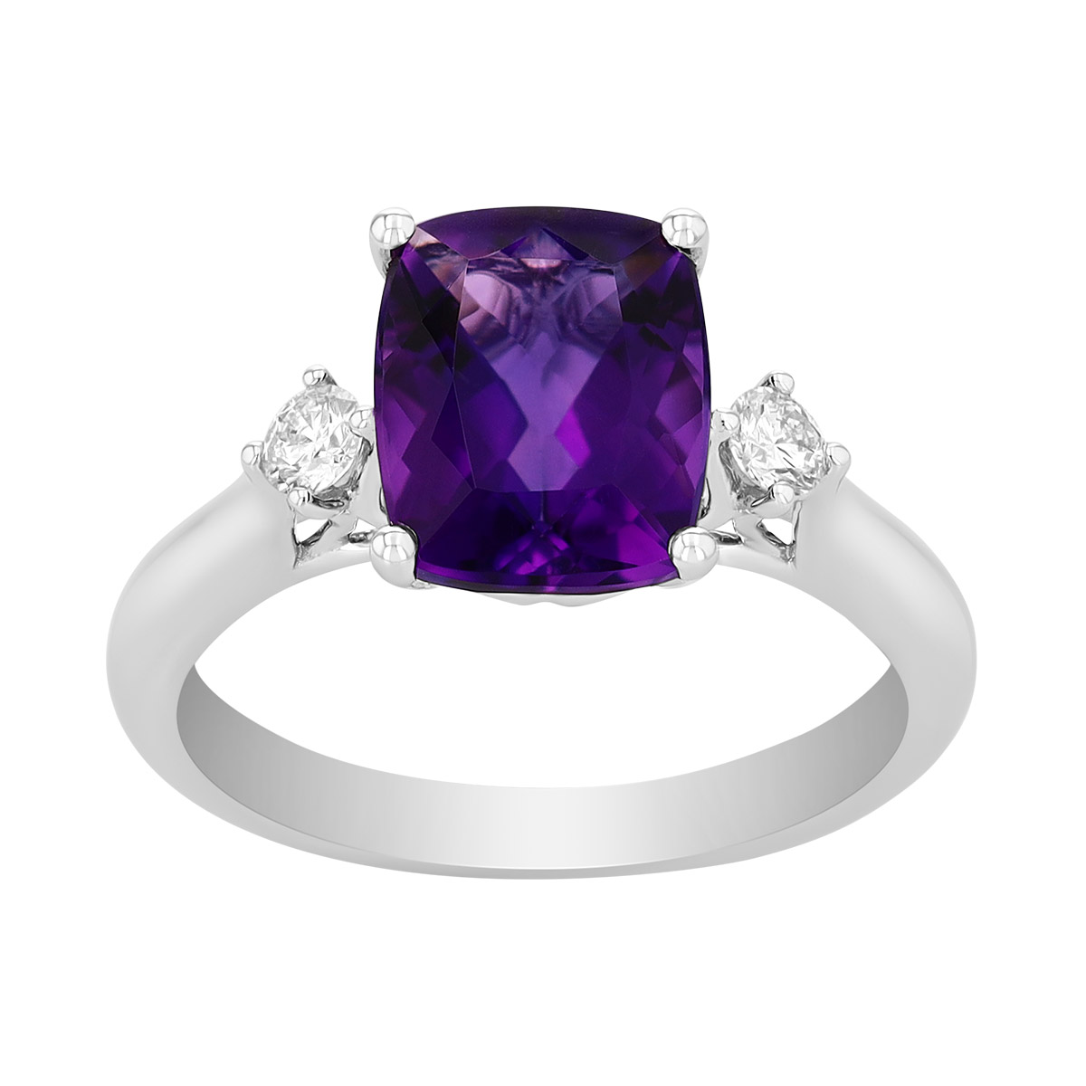 Cushion Cut Amethyst & Diamond Side Stone Ring in White Gold