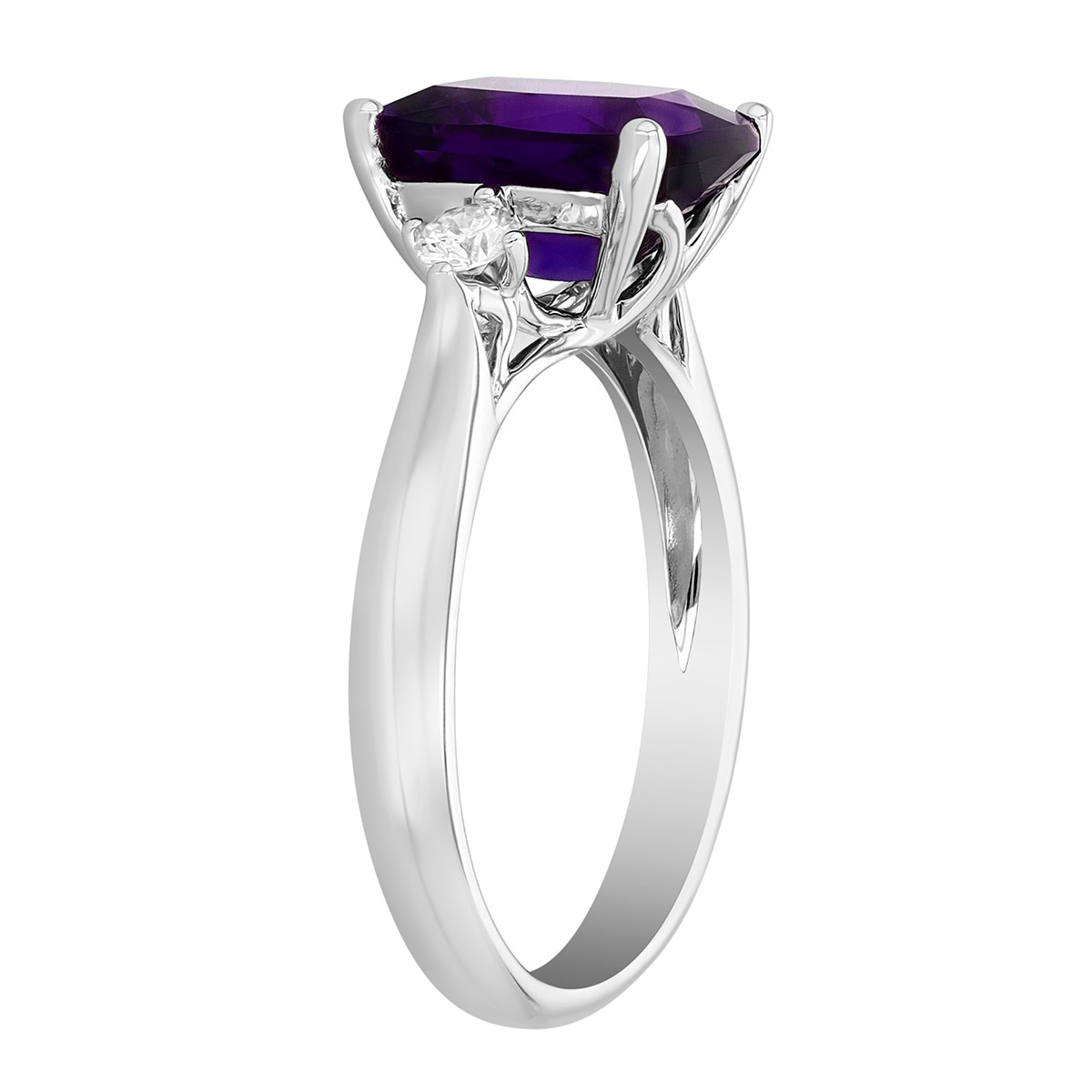 Cushion Cut Amethyst & Diamond Side Stone Ring in White Gold
