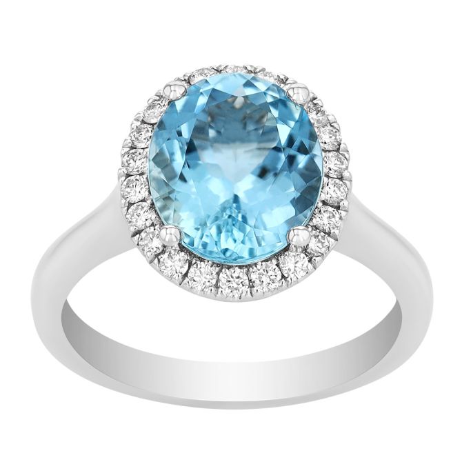 Oval Aquamarine & Diamond Halo Ring in White Gold