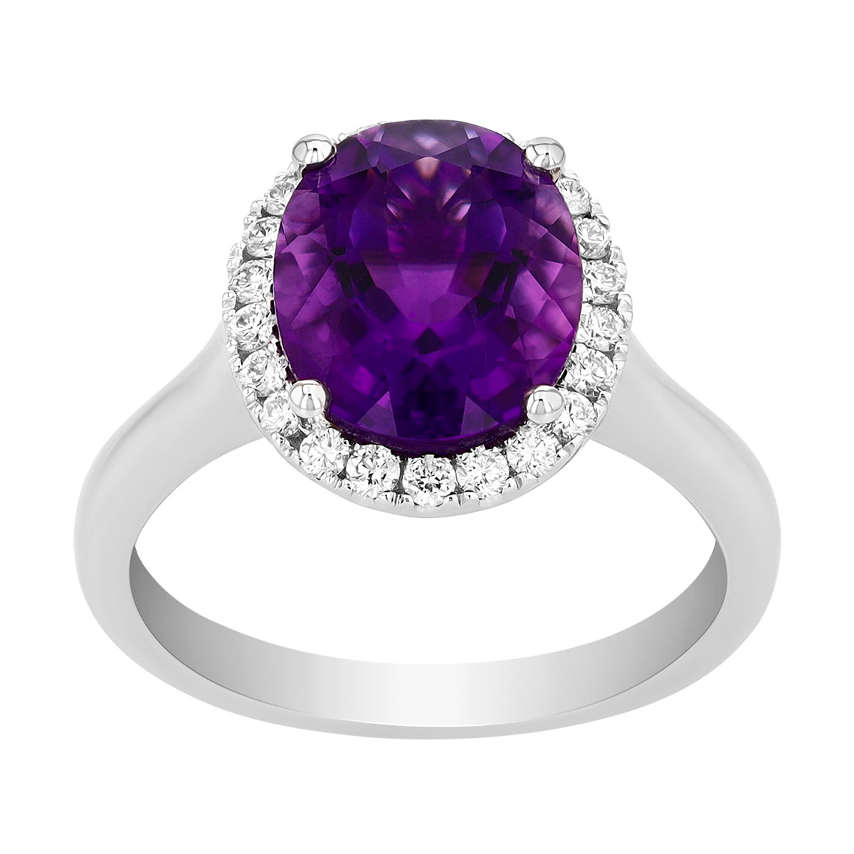 Oval Amethyst & Diamond Halo Ring in White Gold