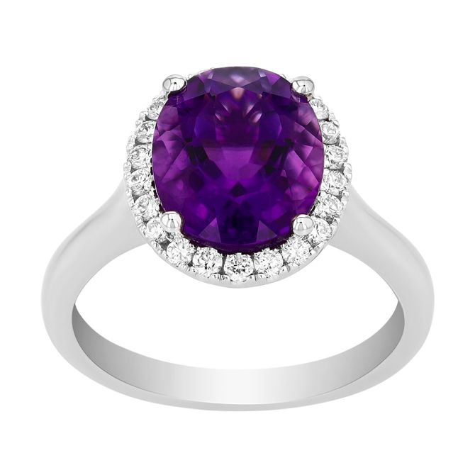 Oval Amethyst & Diamond Halo Ring in White Gold