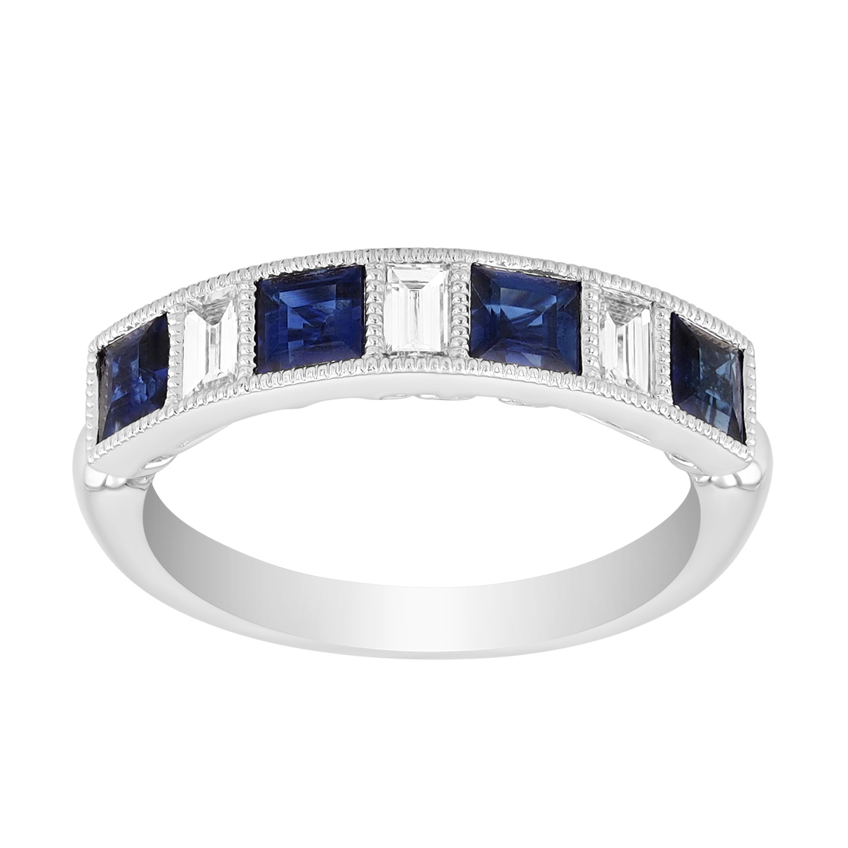 Princess Cut Sapphire & Emerald Cut Diamond Ring in White Gold