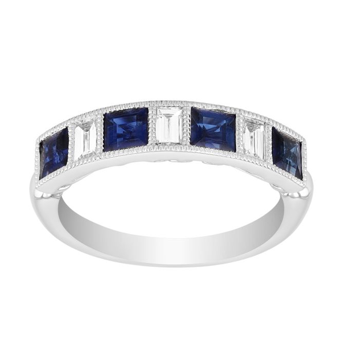 Princess Cut Sapphire & Emerald Cut Diamond Ring in White Gold