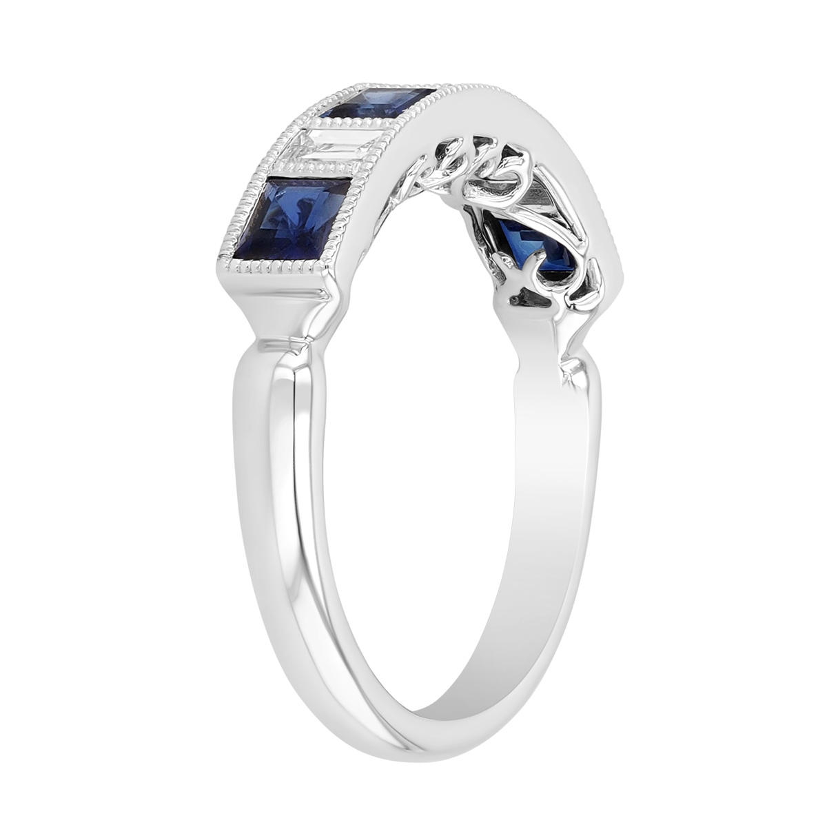 Princess Cut Sapphire & Emerald Cut Diamond Ring in White Gold