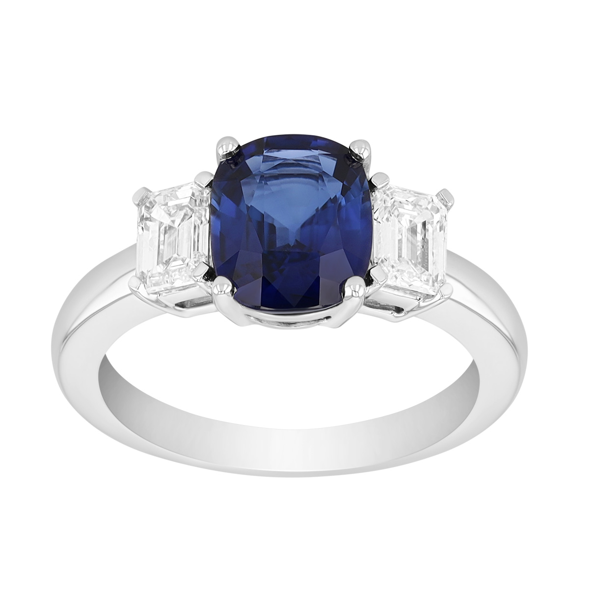 Cushion Cut Sapphire & Emerald Cut Diamond 3 Stone Ring in Platinum