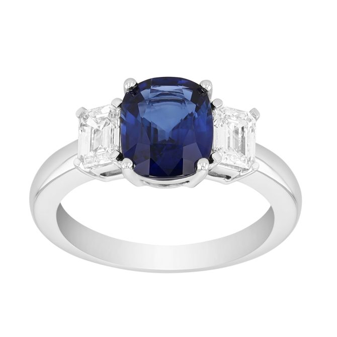 Cushion Cut Sapphire & Emerald Cut Diamond 3 Stone Ring in Platinum