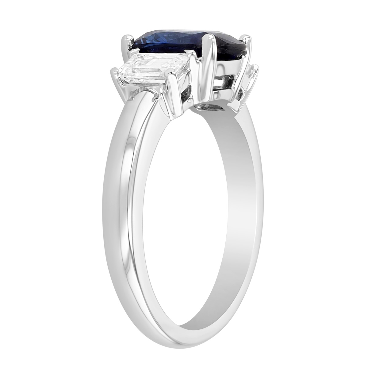 Cushion Cut Sapphire & Emerald Cut Diamond 3 Stone Ring in Platinum