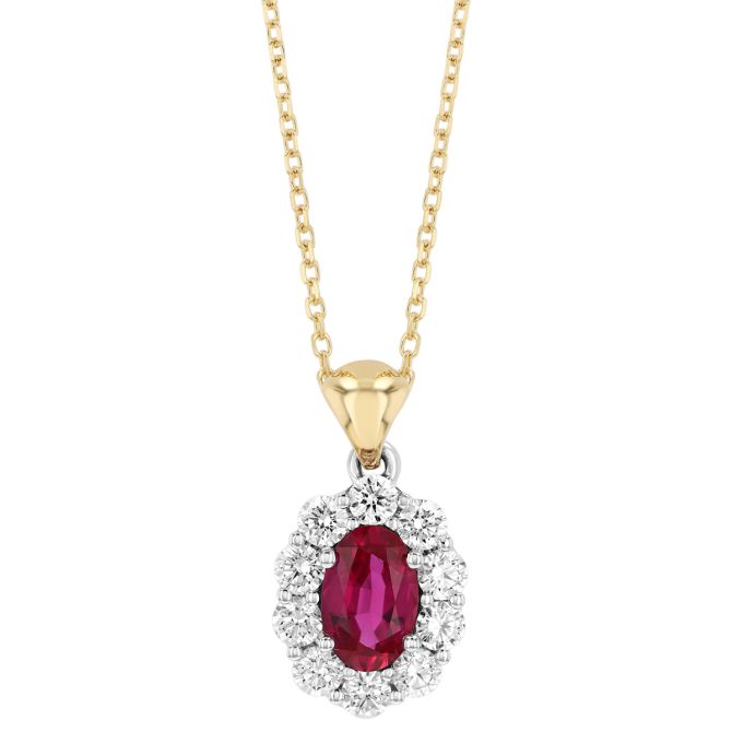 Oval Ruby & Diamond Halo Pendant in Two Tone