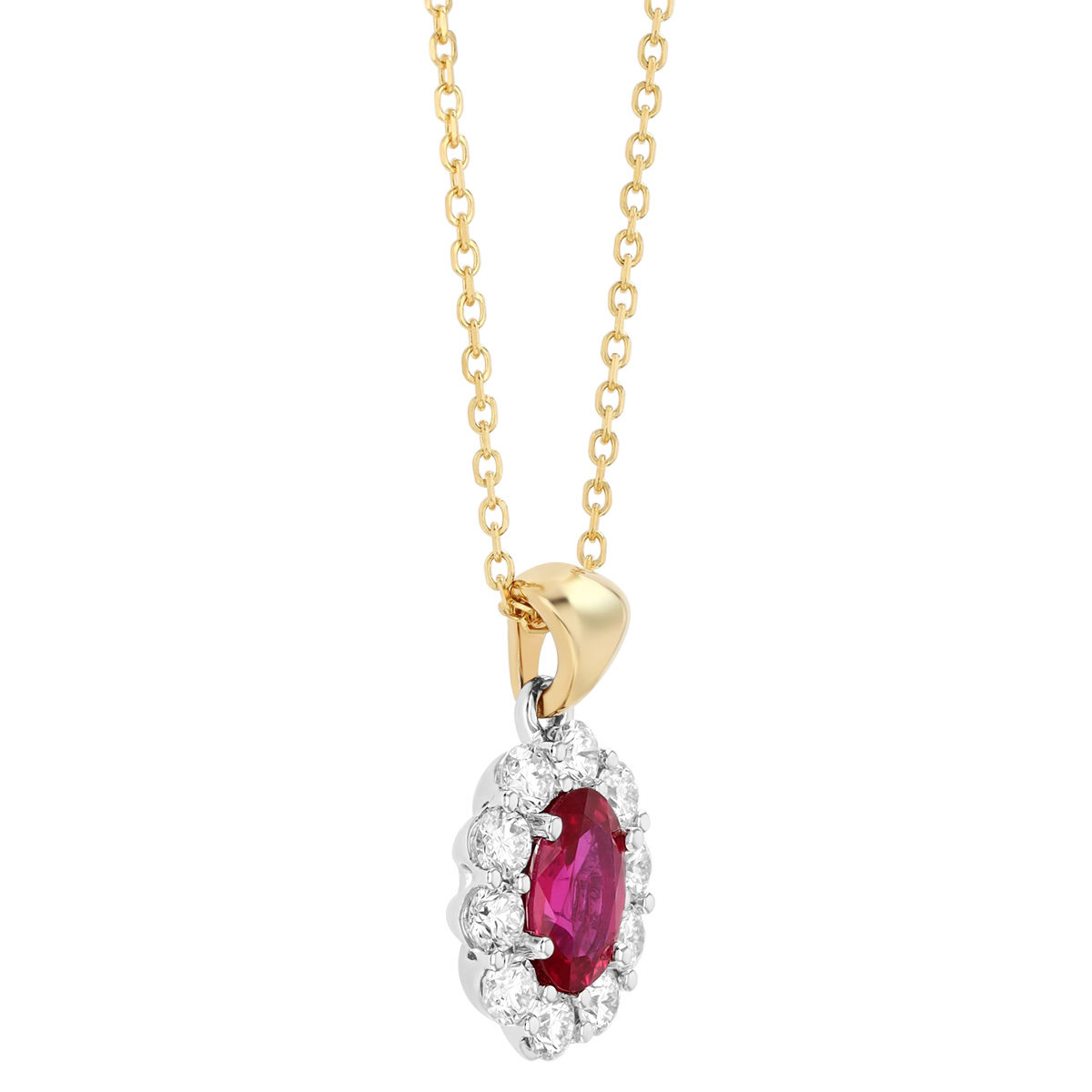 Oval Ruby & Diamond Halo Pendant in Two Tone