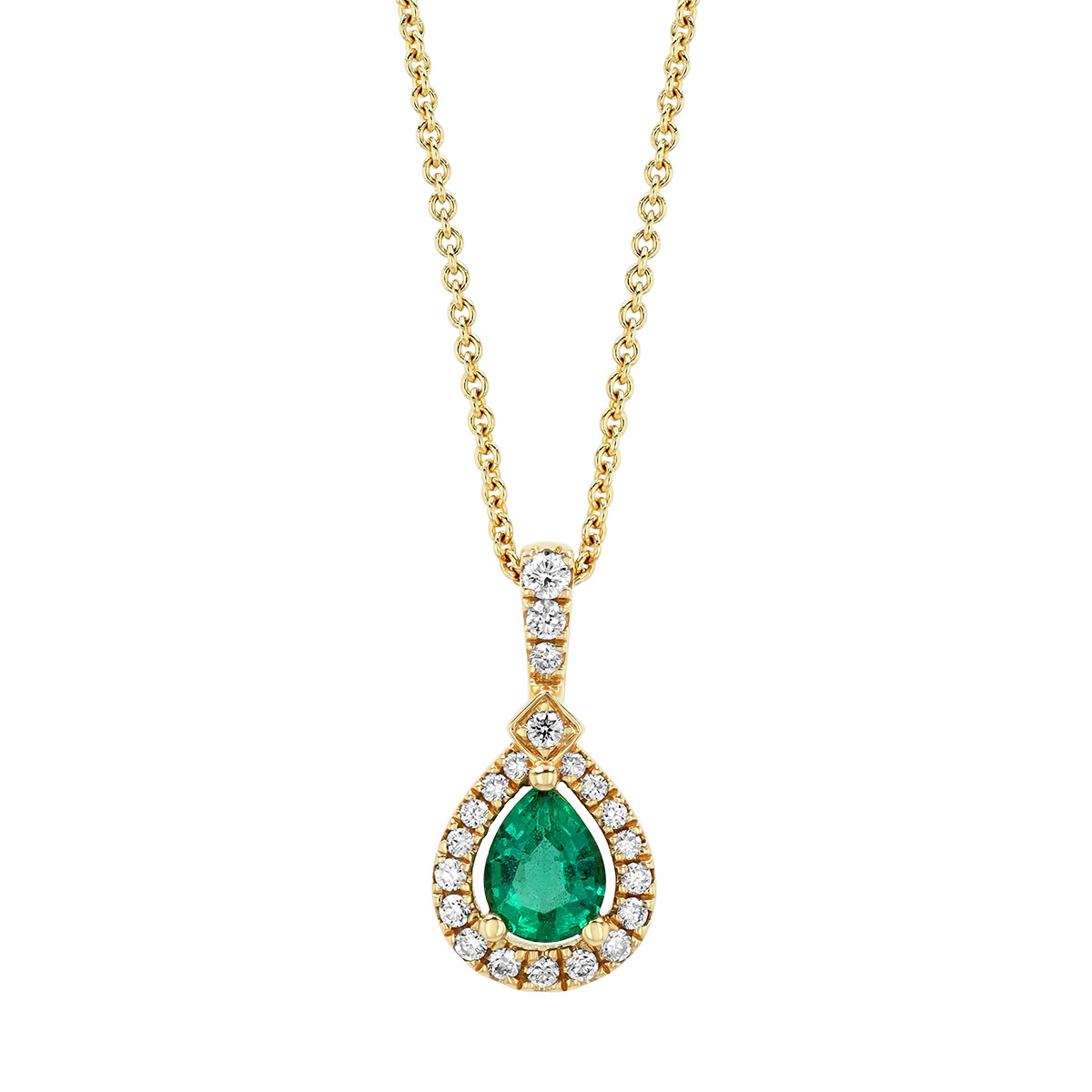 Pear Shape Emerald & Diamond Halo Pendant in Yellow Gold, 18
