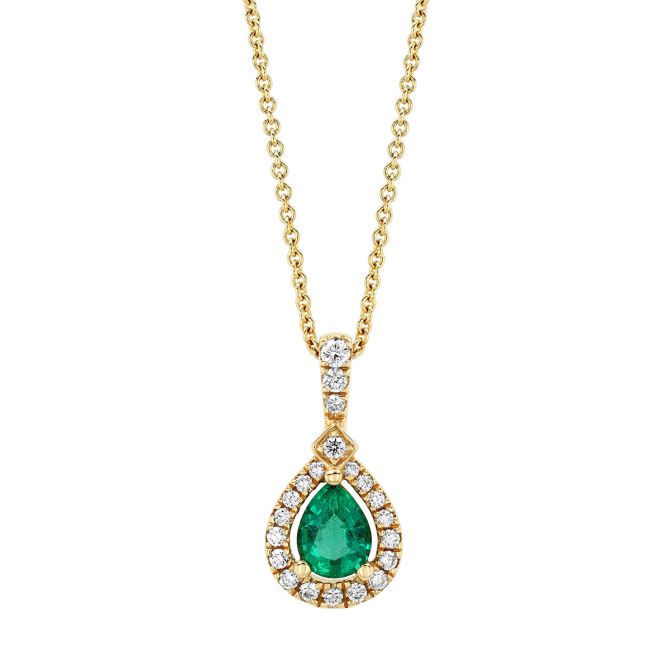 Pear Shape Emerald & Diamond Halo Pendant in Yellow Gold, 18"
