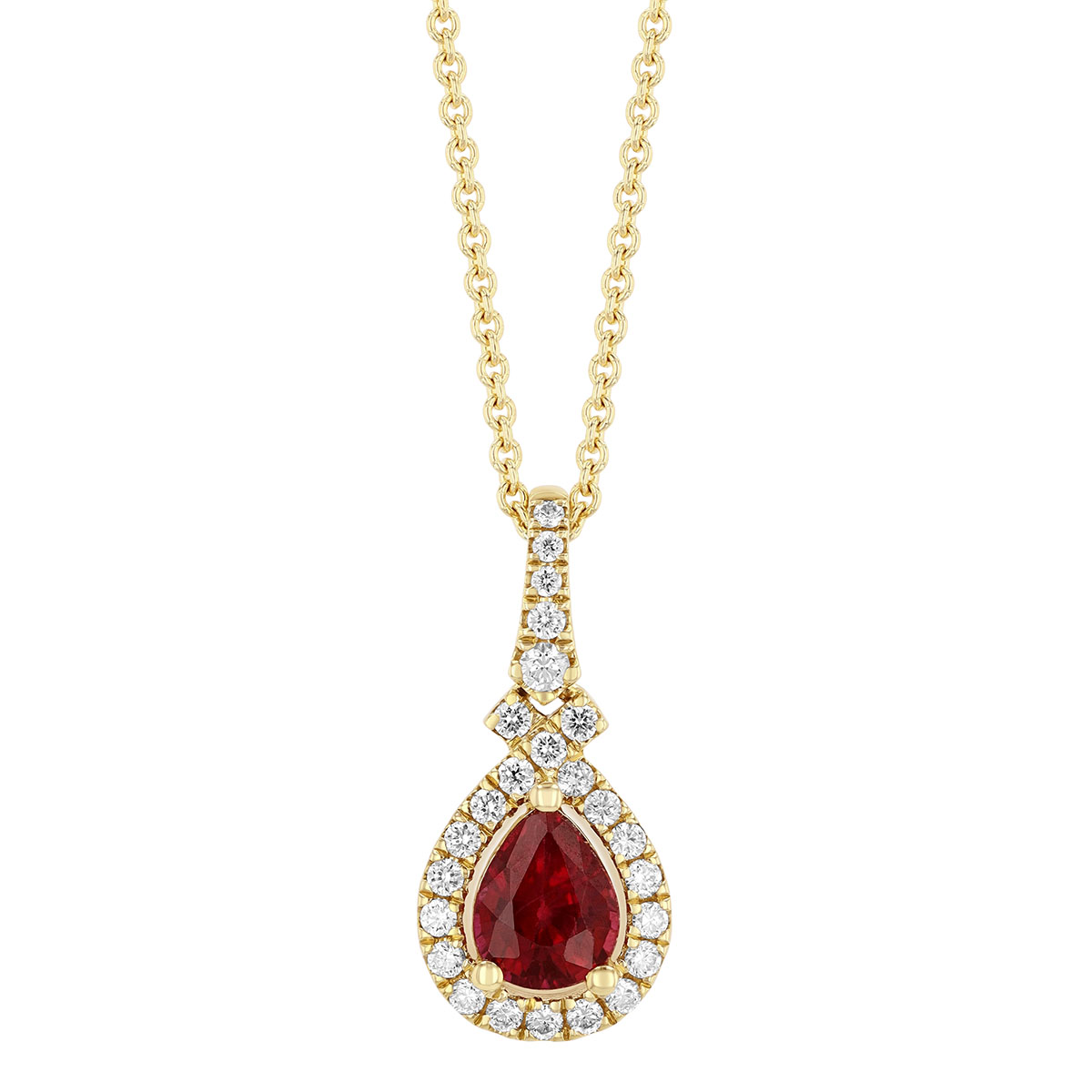 Pear Shape Ruby & Diamond Halo Pendant in Yellow Gold, 18