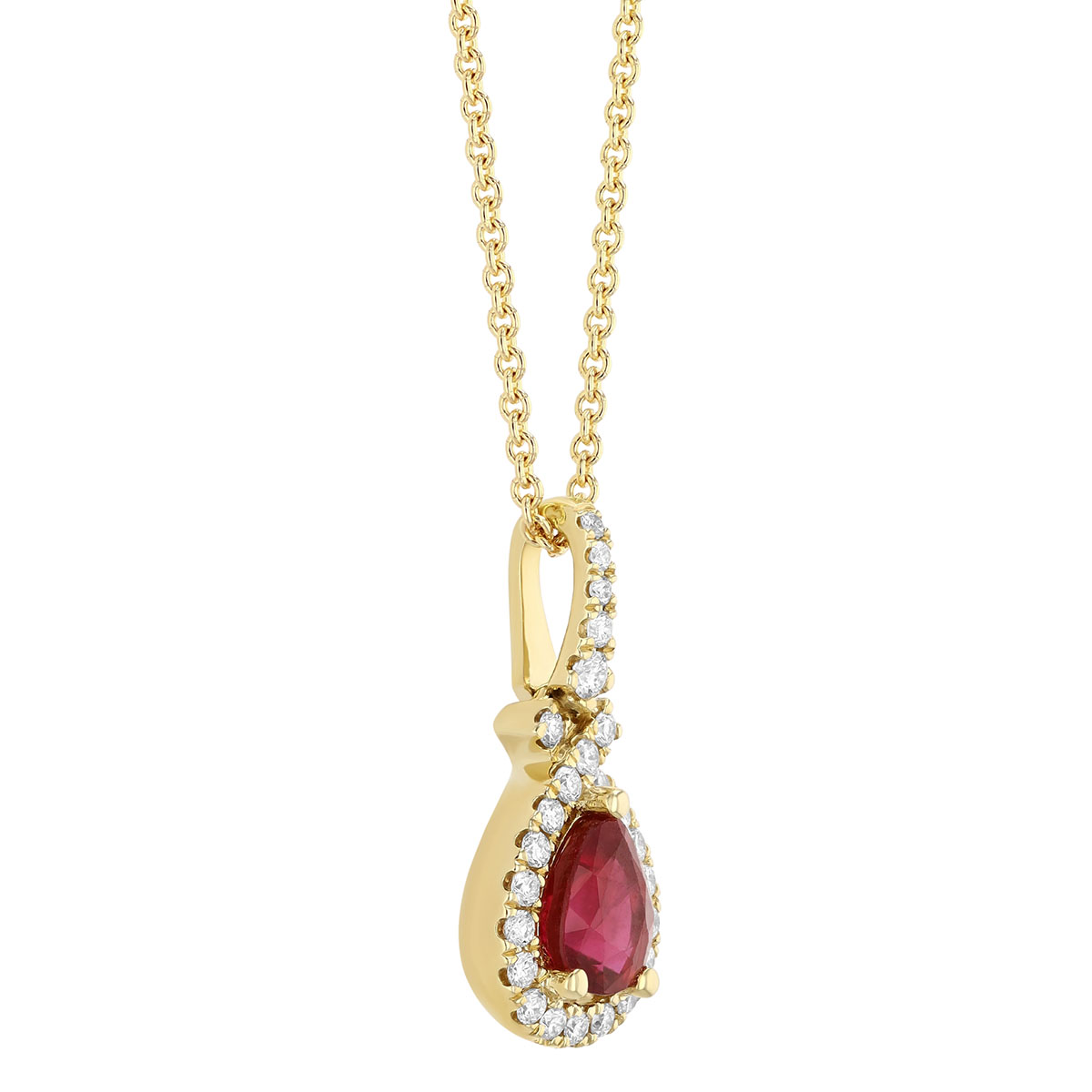 Pear Shape Ruby & Diamond Halo Pendant in Yellow Gold, 18
