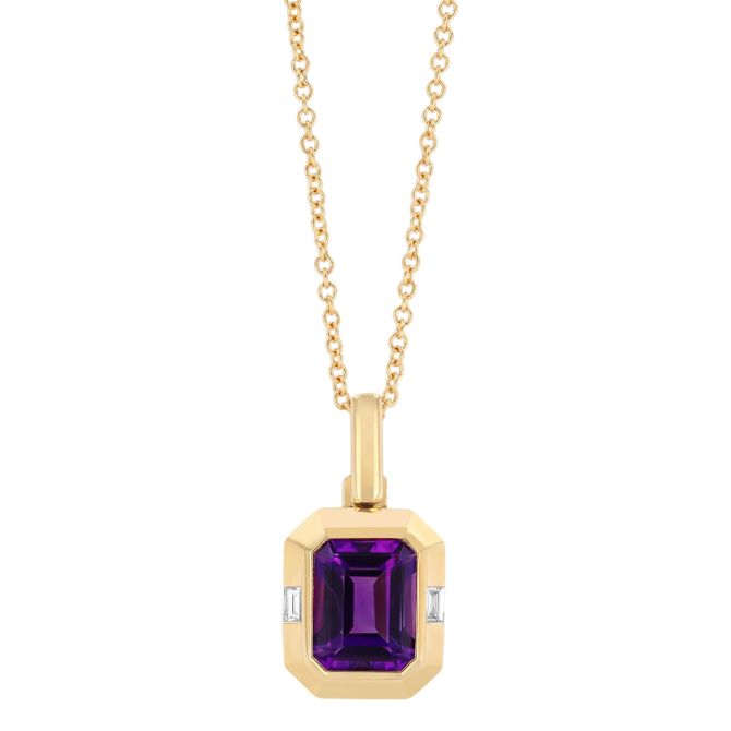 Bezel Set Emerald Cut Amethyst & Diamond Pendant in Yellow Gold, 18"