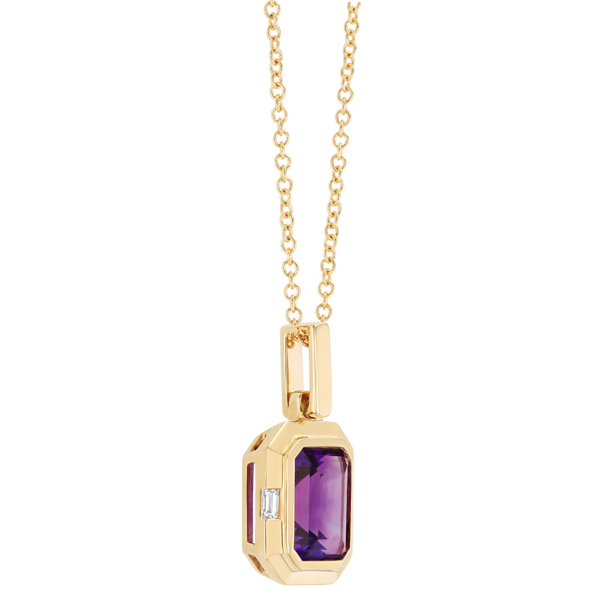 Bezel Set Emerald Cut Amethyst & Diamond Pendant in Yellow Gold, 18