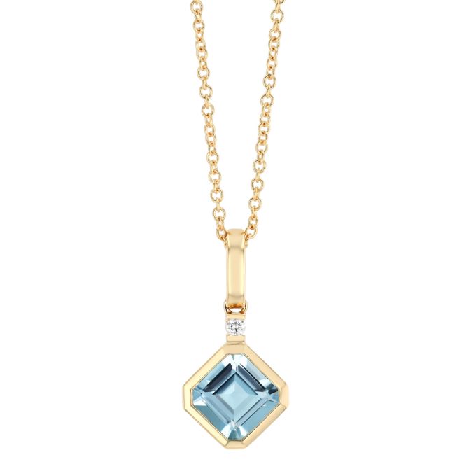 Bezel Set Asscher Cut Aquamarine & Diamond Pendant in Yellow Gold, 18"